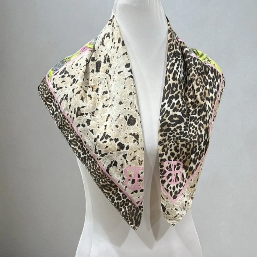 Pure Silk Scarf by Bassler leopard floral black cream pink teal 27x27